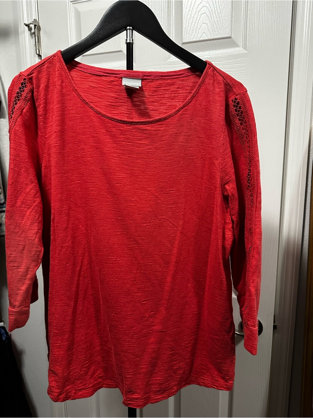 Chicos Women’s coral  Long Sleeve Top with Lace Shoulder Detail